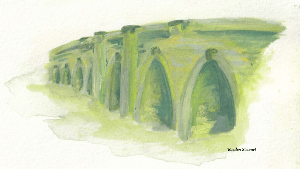 A green tinted bridge made of arches disappears into the distance.