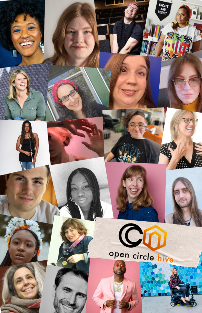 Multiple pictures of faces around the open circle hive logo