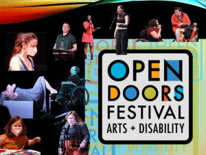 Multiple artist on a dak bacground surround a logo that says Open Doors Arts + Disability