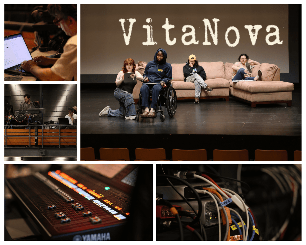 Four actors , one in a wheelchair look outward from a stage with the word VitaNova behind them surrounded on two sides by pictures of different